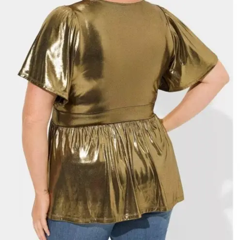 Torrid  Top Liquid Shine Peplum Blouse Sz 18/20 Gold Metallic Party New