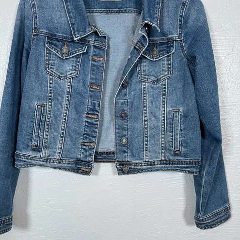 Kancan Women S Blue Denim Cropped Jean Jacket Stretch Western Boho Cowgirlcore