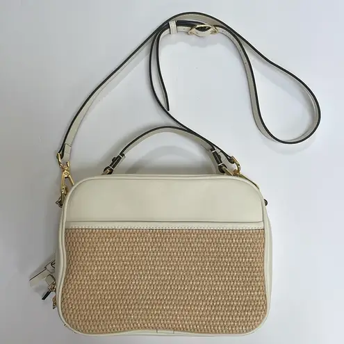 LDT Jill Vintage Lunch Box Bag Straw Leather Panel Crossbody Satchel in White