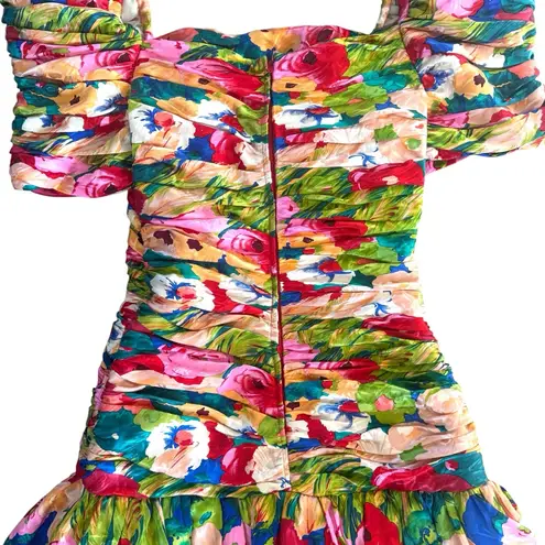 Vintage Raul Blanco Evening 100% Silk Dress Floral Accent Ruffles Pleated Size 6 Red