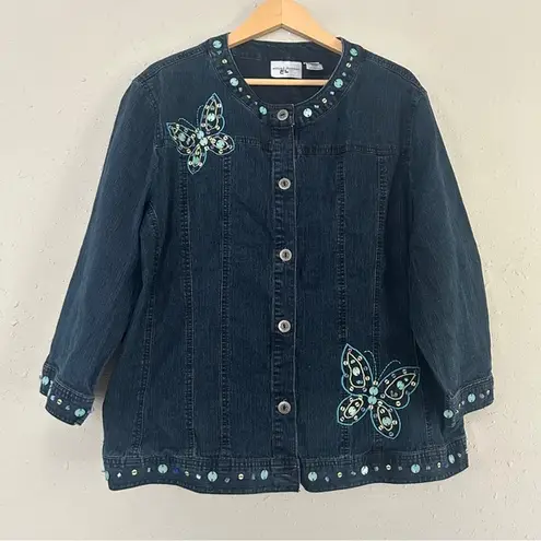 Alfred Dunner Dark Blue Jean Jacket Butterfly Embroidery Beaded Denim Casual Size 18