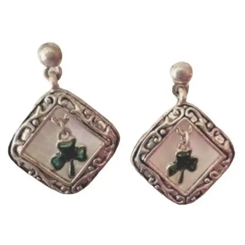 Vintage 80's Shamrock Earrings Handmade Dangle Posts St Patrick's Day Pa… Silver