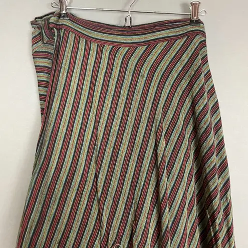 Striped Wrap Skirt Floral Embroidery Boho Flowers Ribbon Tie Waist Green Red Size undefined