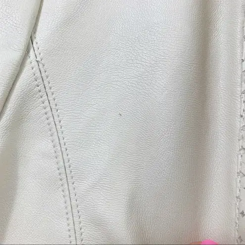 BKE Faux Leather Laser Cut Cream Cropped Open Draped Jacket