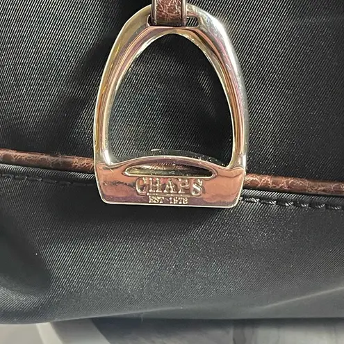 CHAPS  Black Nylon Tote Bag Brown Faux Leather Trim Horse Stirrup Charm 13x10