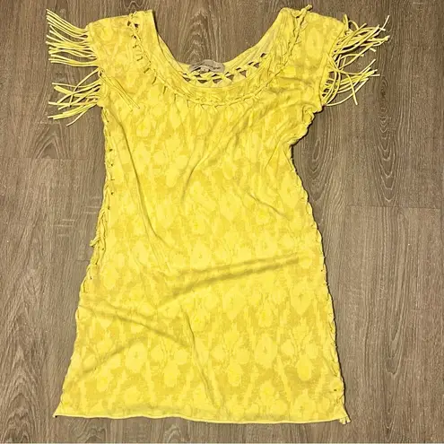 Vintage Havana Y2K Bright Yellow Fringe Women's Top Dress Size S Beach Festivalā