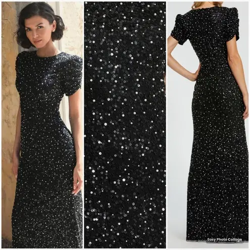 Mac Duggal 24003 Womens Black Gathered Short Sleeve Beaded Gown