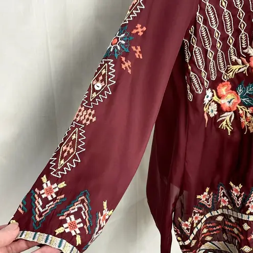 Embroidered Floral Boho Tunic Top Sz Small Karyn Seo Navi Bohemian Silky