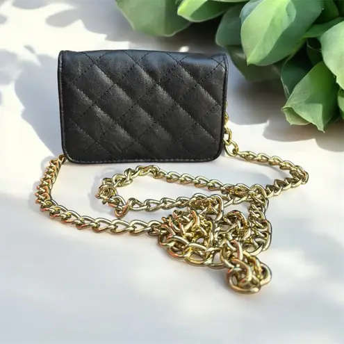 Black Quilted Faux Leather Turn Lock Mini Bag with Gold Chain