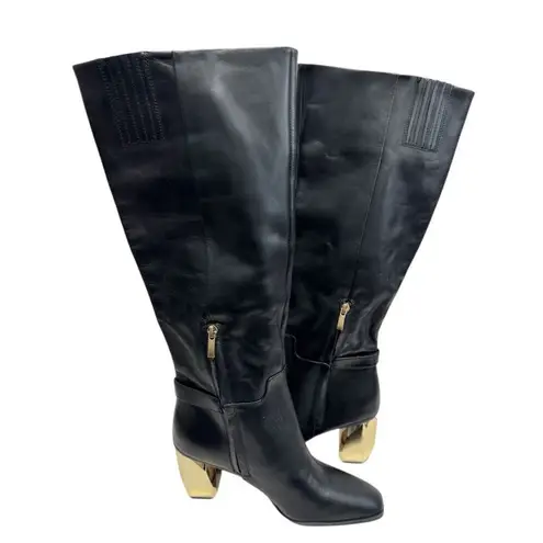 Franco Sarto  Knee High Boots Size 9 Black Leather Gold Heel Side Zip