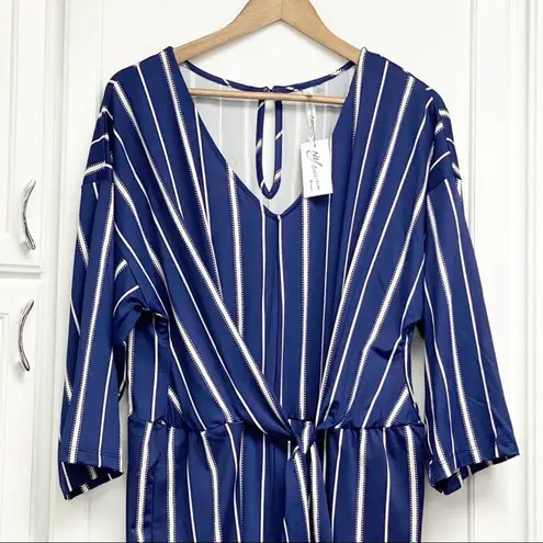 Ny Collection Women Jumpsuit 2X Striped Navy Stretchy Wide Leg Plus Size Career