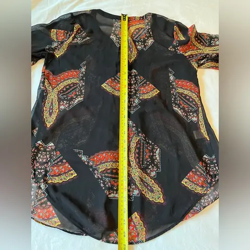 Daniel Rainn Split Neck Long Sleeve Sheer Tunic Blouse Black Scarf Print Size M