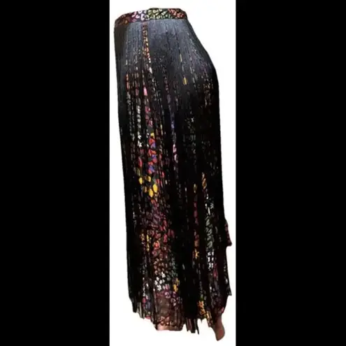 Farm Rio Hippie Boho Y2K Multicolor Floral Midi Skirt W/ Black Fringe