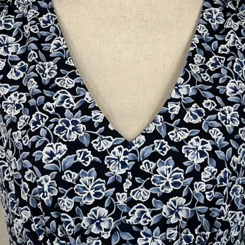 Perceptions NY SZ 8 A-Line Midi Dress Floral Cap Sleeve Empire Waist V-Neck Blue