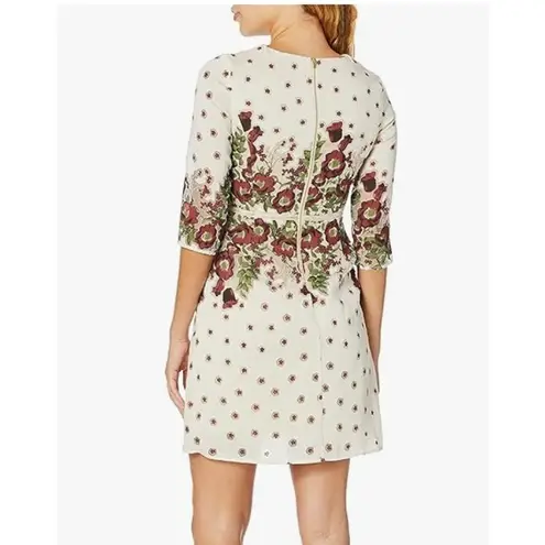 Gabby Skye Dress Womens 4 Ivory Burgundy Floral Embroidered Sheath 3/4 Sleeve