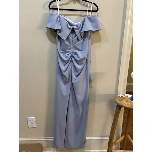 XScape NWT Camila Long Off The Shoulder Scuba Crepe Dress Ruched Blue Size 12