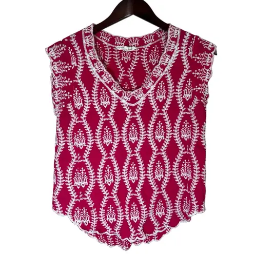 Solitaire Anthropologie Embroidered Top Boho Short Cap Sleeve Hand Stitched Sz L