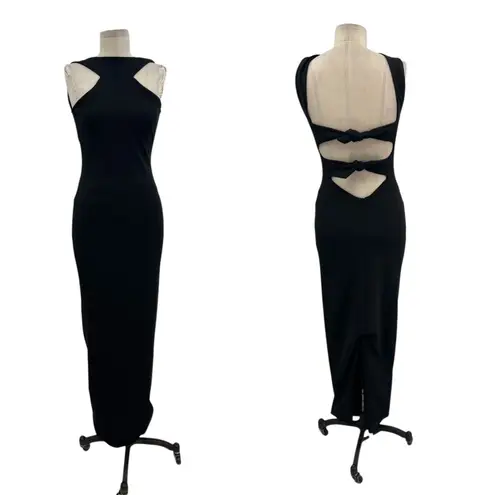Nookie Long Gown Maxi Dress Bodycon Halter Neck Cut Out Tie Black Size Small