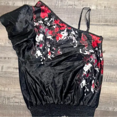 A Byer A. Byer Black and Red Floral One Shoulder Satin Blouse Cold Shoulder Size L