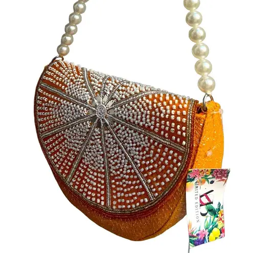 Orange Beaded Half Moon Citrus Crescent Bag Sunburst Design Pearl Embellished