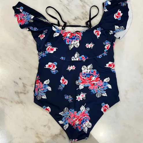 Ekouaer NWOT Floral Off-Shoulder Swimsuit XL One-Piece Bathing Suit Navy