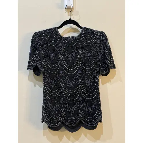 Papell Boutique Adrianna‎  Evening Black 100% Silk All Over Beaded Top Small