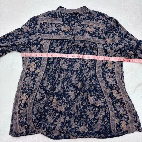 Lucky Brand  Top‎ Blue Pink Floral Pin-tucked Front Boho 3/4 sleeve shirt size M