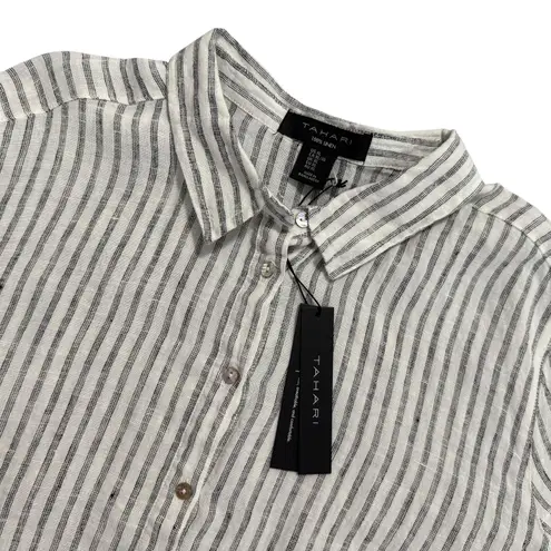 Tahari NWT 100% Linen Stripe Button Up Boxy Cropped Shirt XL Long Sleeve