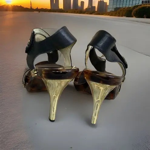Michael Kors  LANI SANDALS BLACK LEATHER 4" HEELS GOLD TORTOISE SHELL PUMPS -8.5