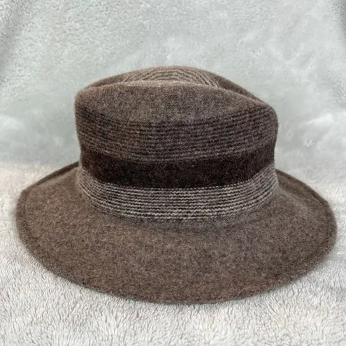 Adora Fedora Hat One Size Taupe Brown Wool Blend Felt Stripe Adjustable Casual
