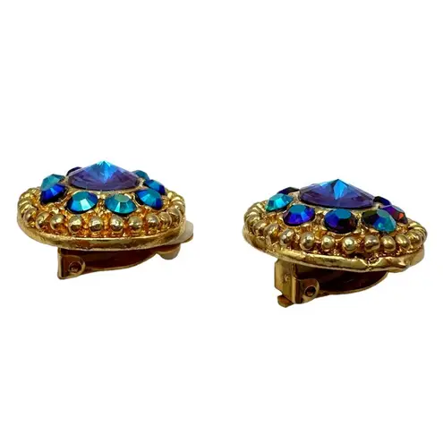 Vintage Peacock Aurora Borealis AB Rhinestone Gold Medallion Costume Earrings