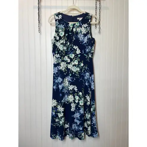 London Times Blue Floral Keyhole Pleated Midi Dress Sleeveless Womens Size 10P