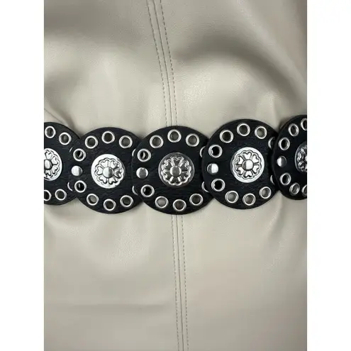 Wide Boho Western Concho Belt with Silver Discs and Floral Buckle Black