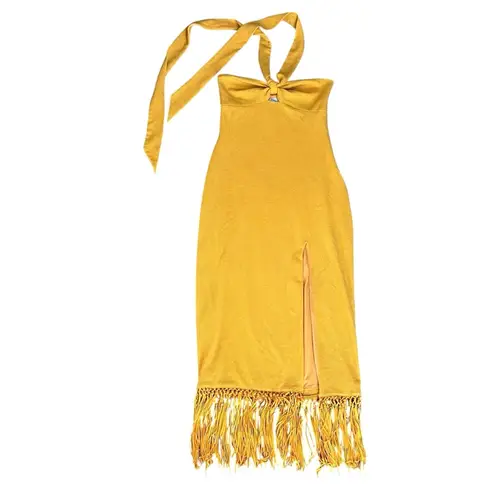 Saylor Women’s Jynx Fringe Halter Neck Mango Yellow Knit Midi Dress Sz S