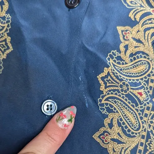 Vtg 1990s Elisabeth Blue Gold Paisley Print 100% Silk Button Up Blouse 16