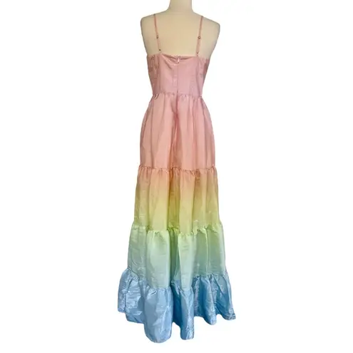 Yumi Kim Sullivan Tiered Maxi Dress Rainbow Ombré Dreamy Shiny Satin Sz M NEW