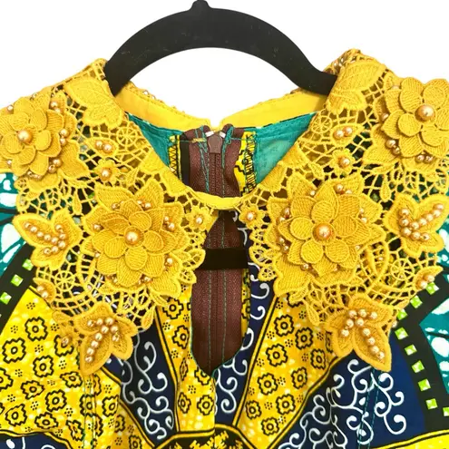 Handmade Colorful African Print Geometric Dress with Yellow Details