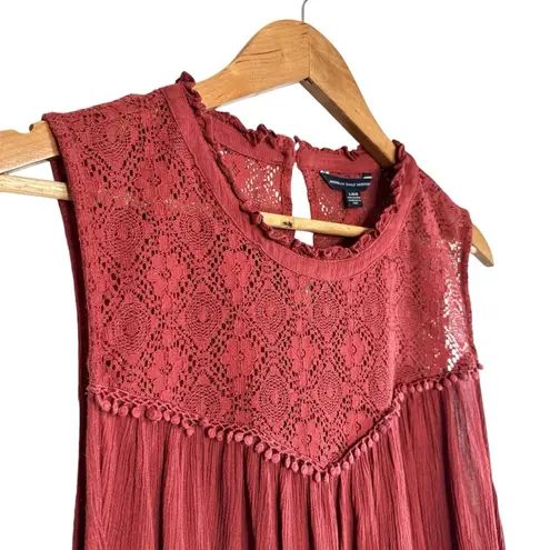 American Eagle  Boho Lace High Neck Sleeveless Top Blouse Rust Red Large