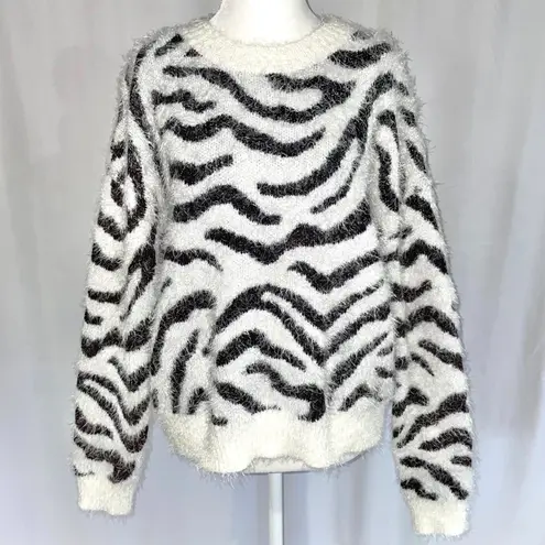 Hooked Up New Zebra Striped Fuzzy Knit Crewneck Sweater White Black