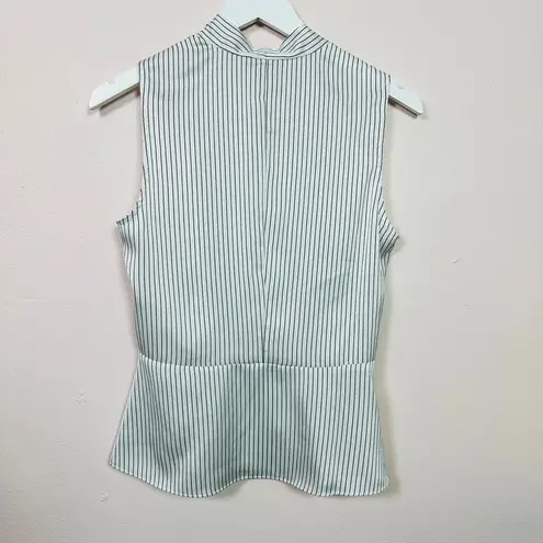 BCBG White and Navy Sleeveless Pinstripe Wrap Top, Size Small