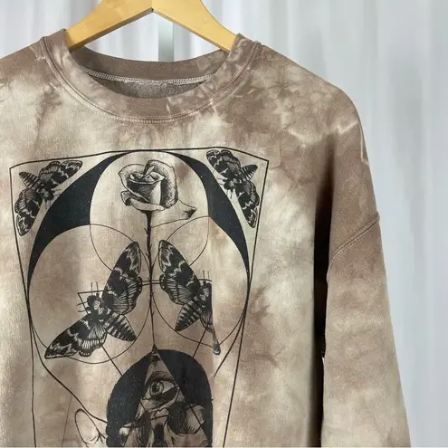 Life Clothing Large Wide Sleeve Tie Dye Butterfly Skull Crewneck Crop Top Rose Brown