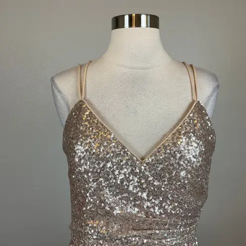 Eliza J Sequined Backless Sleeveless Long Ball Gown Gold Size 8 Formal Dress
