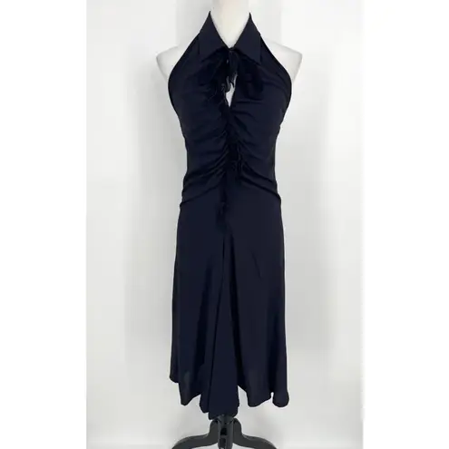 Fuzzi Halter Dress Size 42 US 6 Navy Silk Blend Ruched Ruffle Midi Elegant Chic Blue