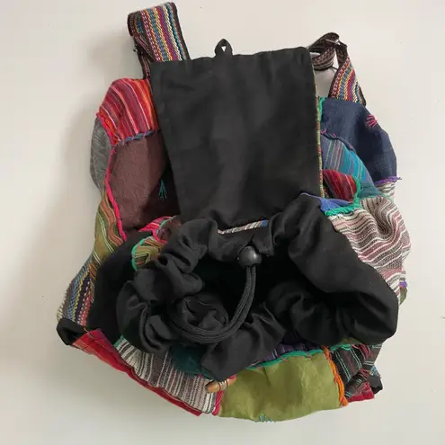 Patchwork Backpack Sack Boho Artsy Ethnic Festival International Nepal Pockets Black