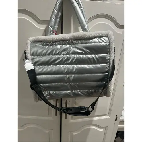 PAJAR Quilted Tote Bag Faux Fur Trim Black Shoulder Purse Winter Style Silver