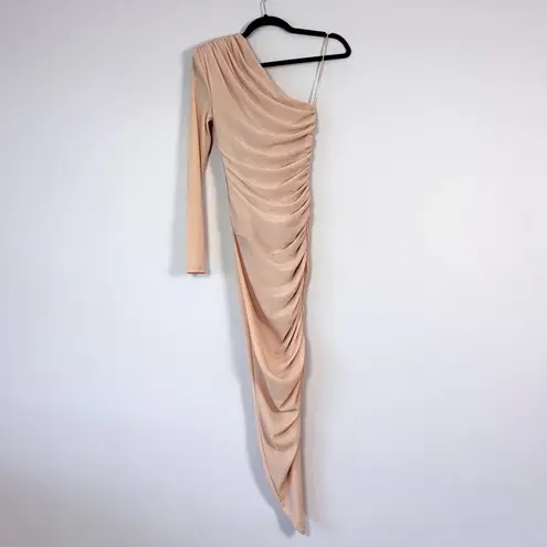 Misha Collection MISHA Tansy Ruched Sparkle Mesh Midi Dress in Champagne