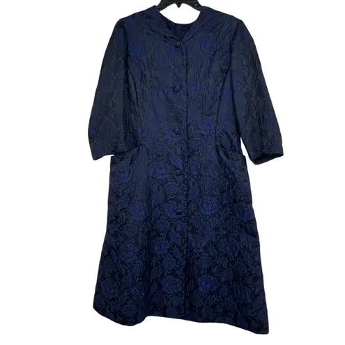 1950s Handmade Navy Floral Brocade Dress Coat Couture Saks Fifth Ave Seamstress Blue Size M