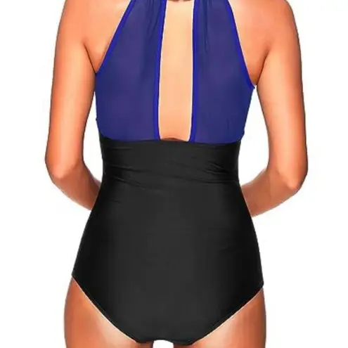 Tempt Me Elegant Blue and Black One Piece with Illusion Halter, Size S