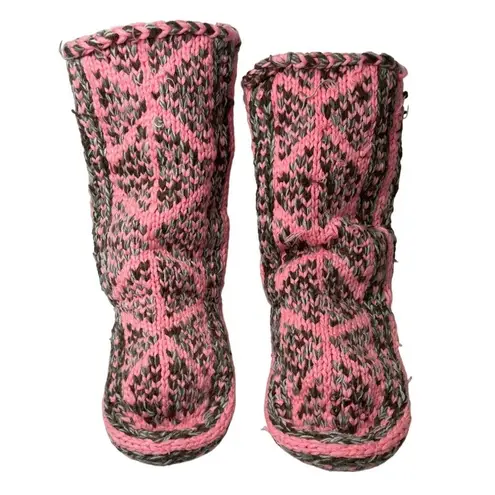 Handmade Knitted Pink and Gray Slippers High Calf B160