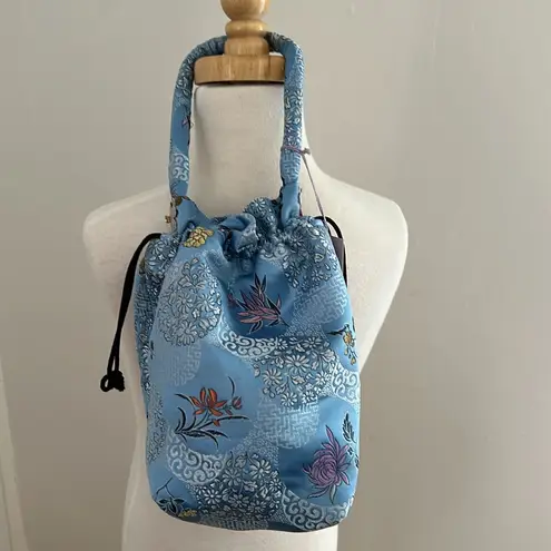 Gigi Chicago Blue Satin Floral Print Drawstring Bag NWT